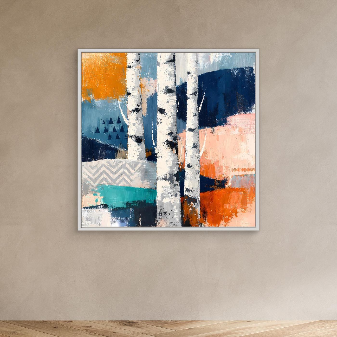 Abstraktes Leinwandbild Birkenwald-Motiv mit weißem Rahmen, blau-oranges Farbflächenmuster