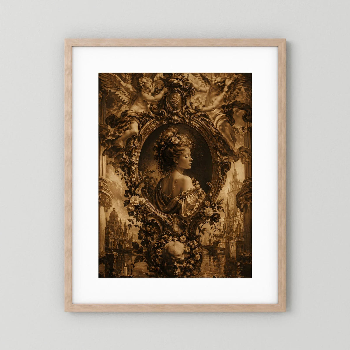 Gothic-Poster im Hochformat mit barocker Frau im Oval, Engelsfiguren und Blumenornamenten, helles Holz