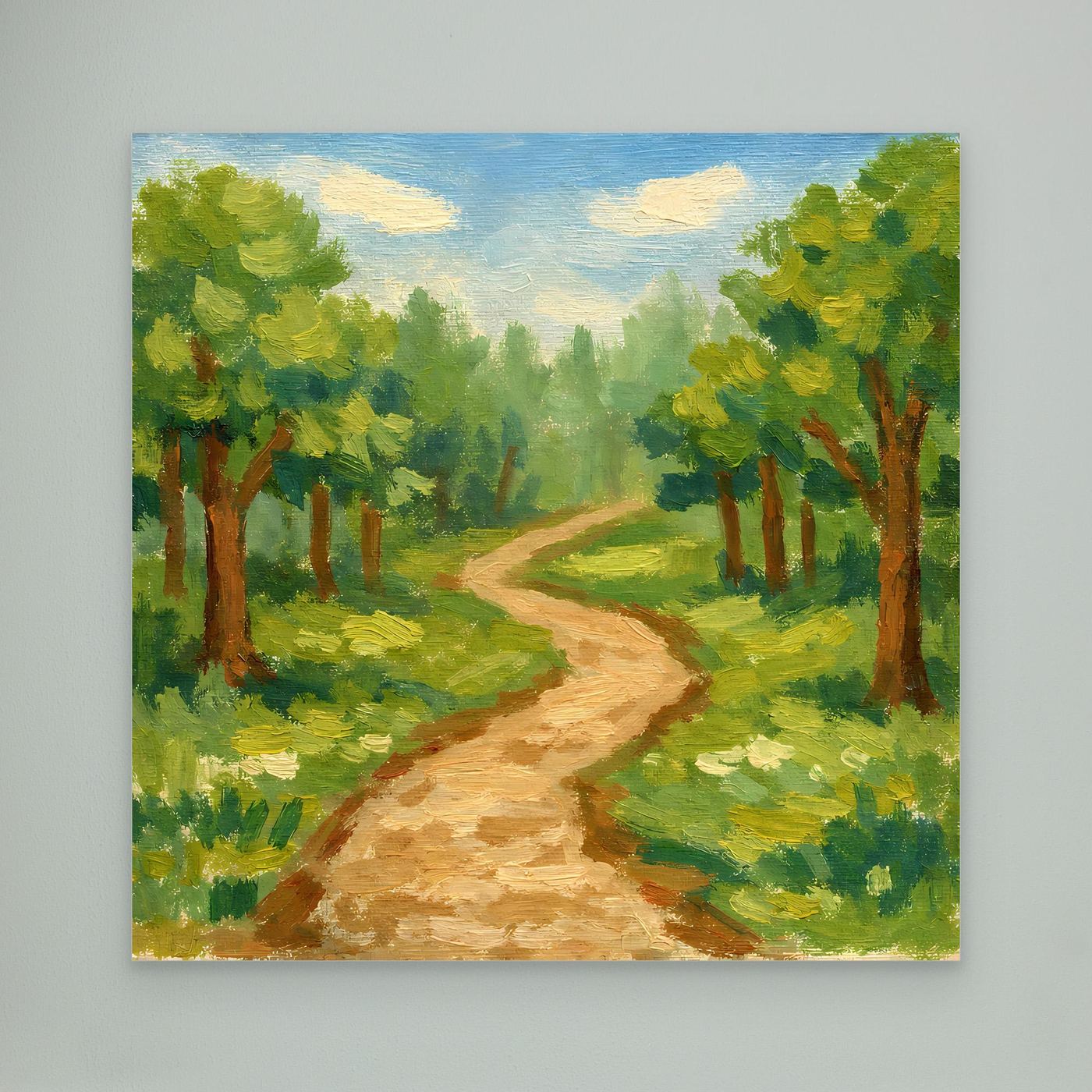 Leinwandbild „Idyllischer Waldweg“: gepinselter Weg durch den grünen Wald, ohne Rahmen.