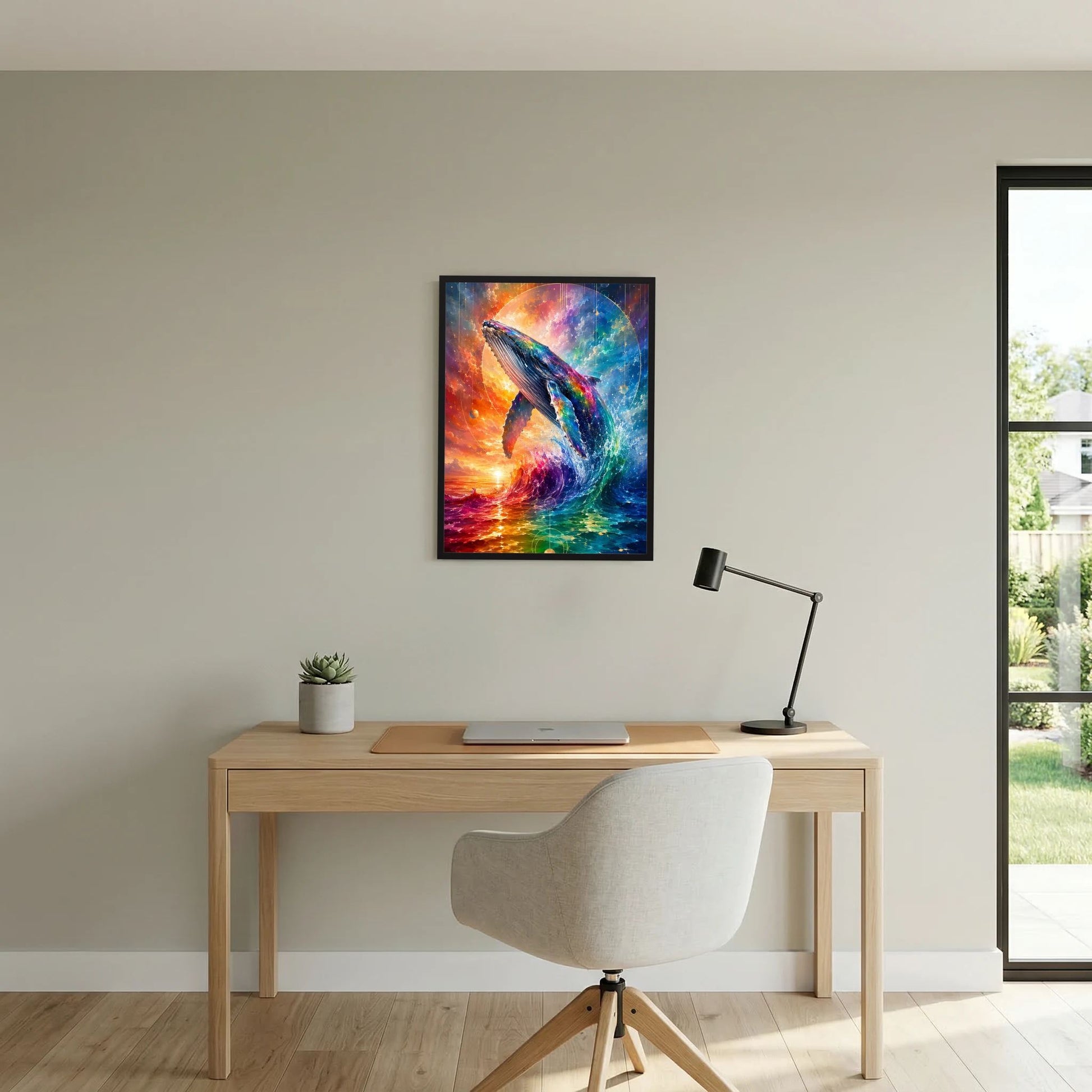Wandposter im schwarzen Rahmen: Regenbogen-Wal mit Sternen- und Ozeanmuster