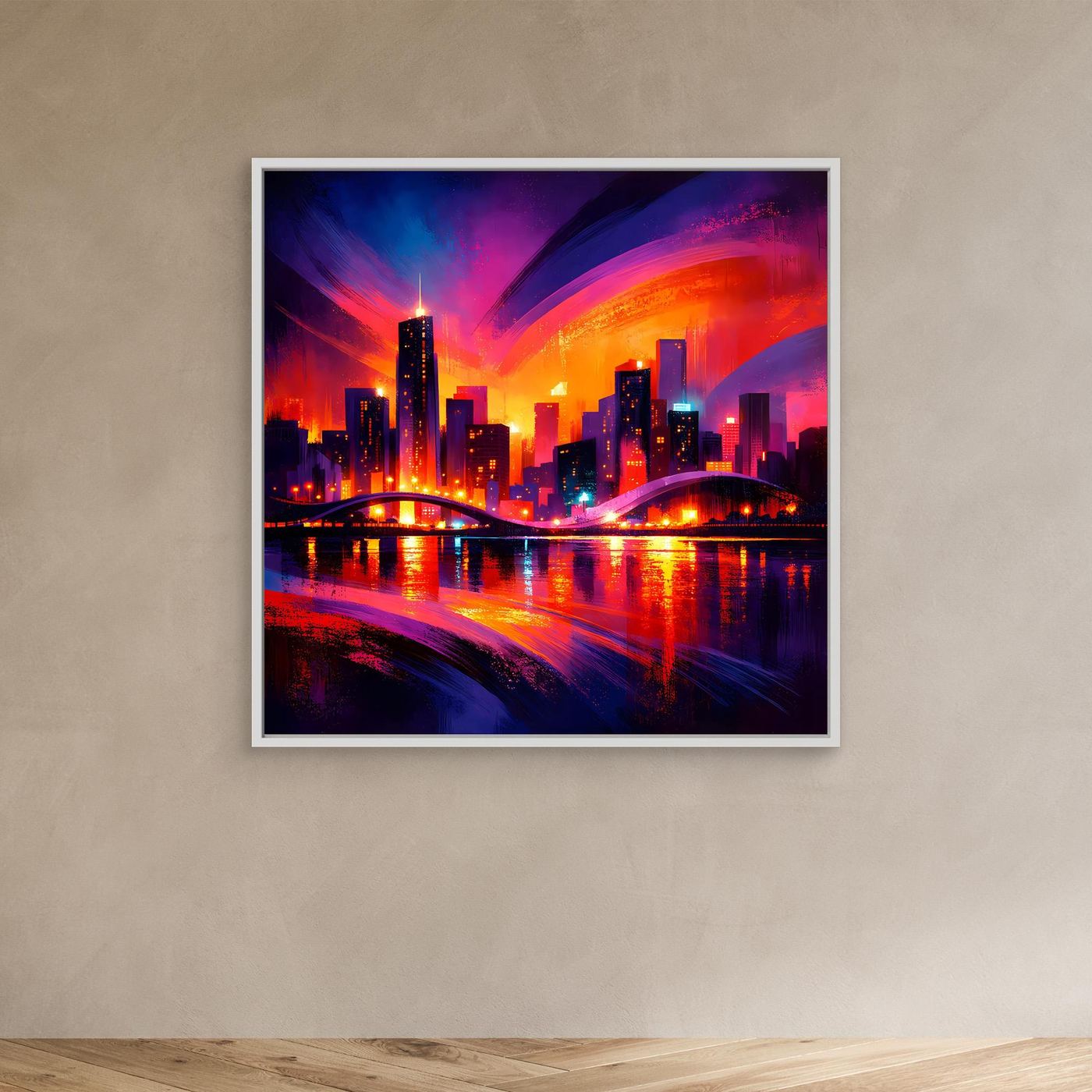 Wandbild auf Leinwand mit Neon-Skyline bei Nacht im weißen Rahmen an Wand