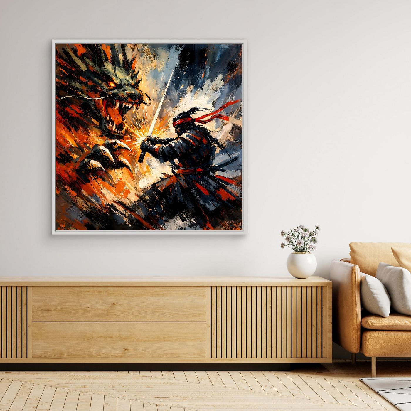 Premium Leinwand Samurai gegen Drache | Abstraktes Fantasy Wandbild Voller Dynamik & Kampfgeist
