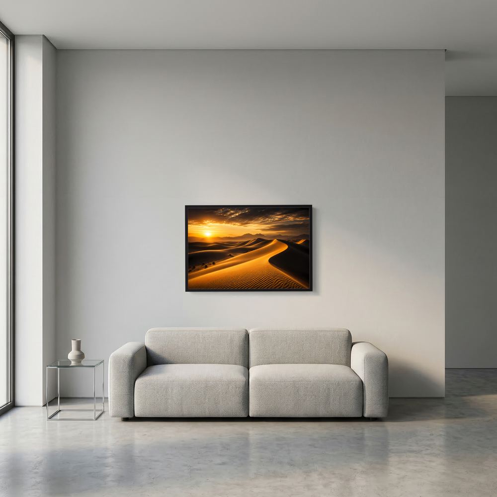 Wüstenlandschaft-Poster im Sonnenuntergang, dunkel gerahmt, klein im Wohnraum