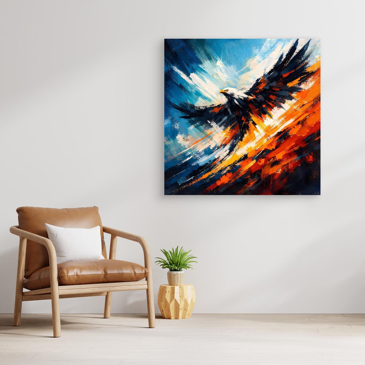 Abstraktes Wandbild mit Adler-Motiv in Blau-Orange, ohne Rahmen