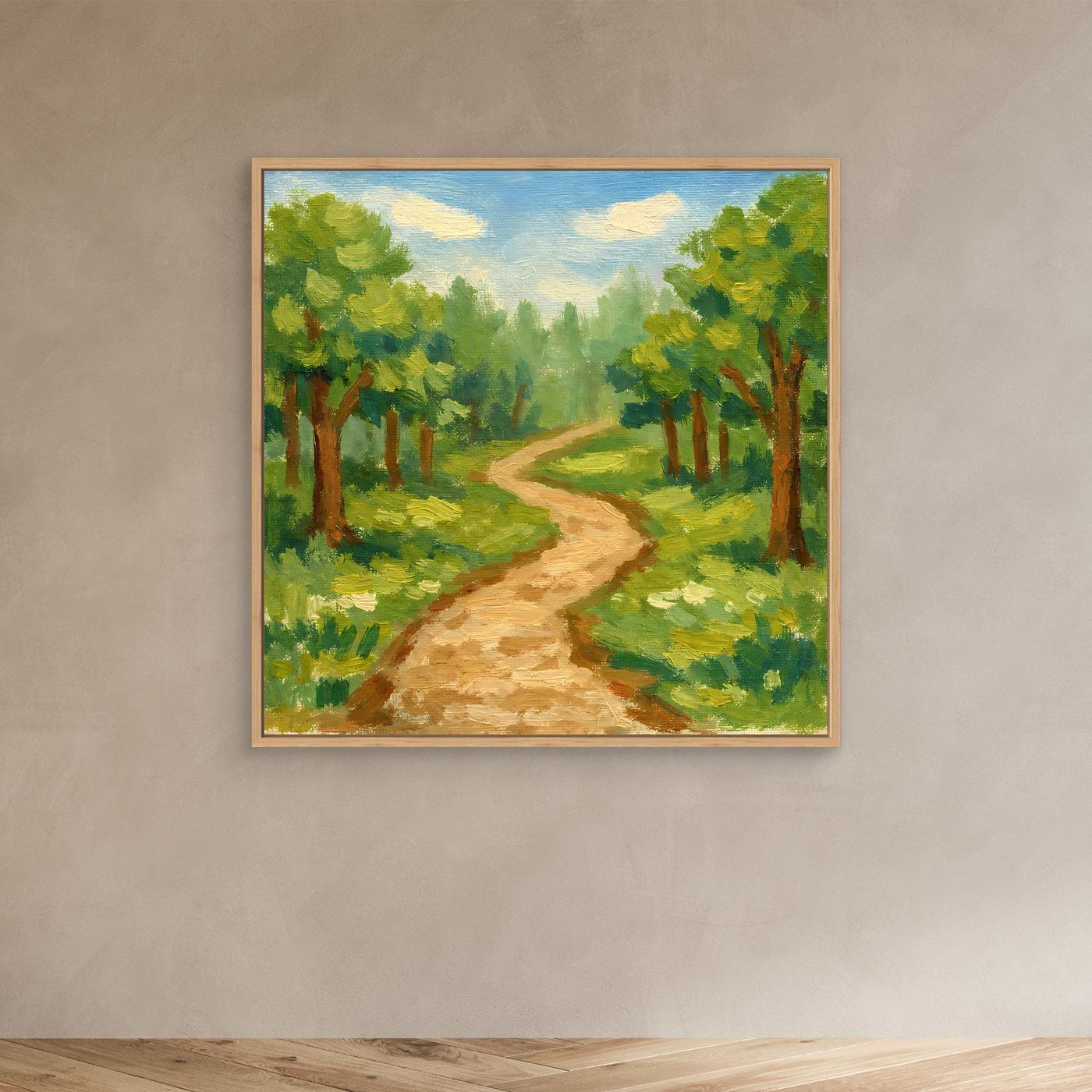 Leinwandbild „Idyllischer Waldweg“ mit Eichenrahmen: gemalter Weg im grünen Wald.