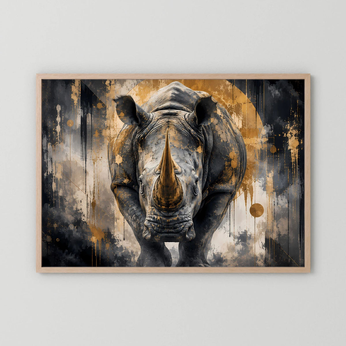 Abstraktes Nashorn-Poster mit hellem Holzrahmen, Schwarz-Gold Tiermotiv im Querformat