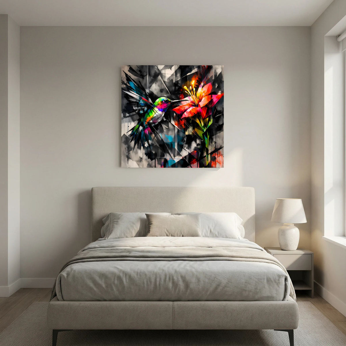Abstraktes Leinwandbild mit Kolibri-Motiv auf Keilrahmen, farbige Spritzer auf dunklem Untergrund