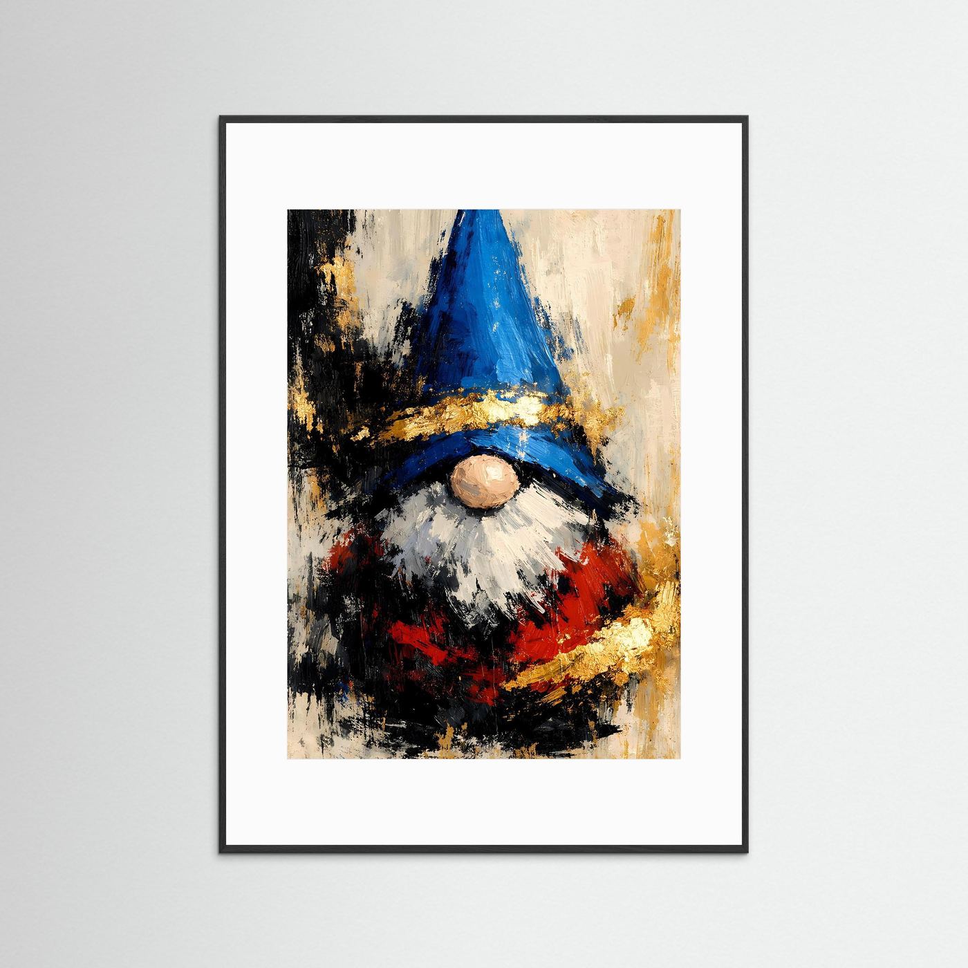 Kunstposter Hochformat mit abstraktem Wichtel, im schwarzen Rahmen mit weißem Rand; blau
