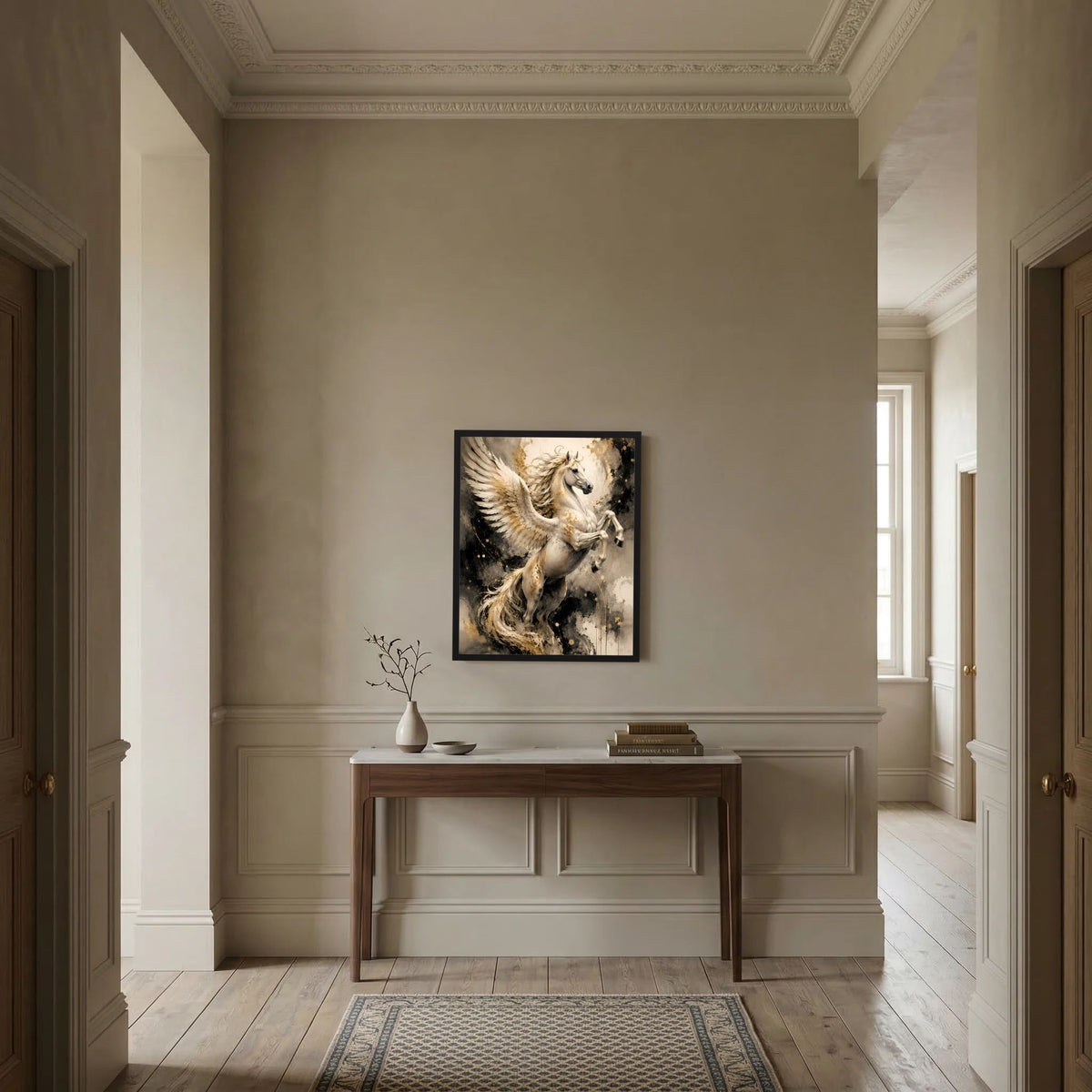 Gerahmtes Poster mit Pegasus: weißes geflügeltes Pferd im goldfarbenen Sprühlack-Look