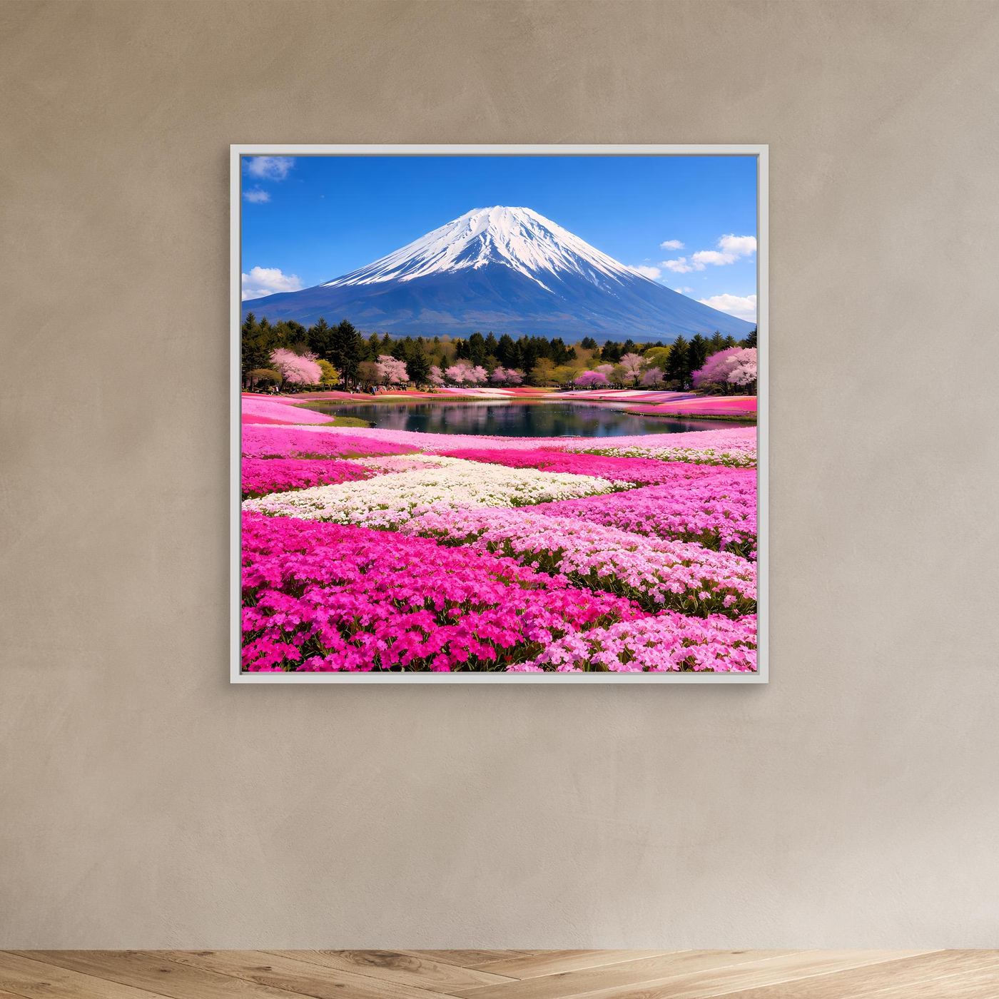 Leinwandbild mit Fuji, See und Kirschblüten, weißer Rahmen