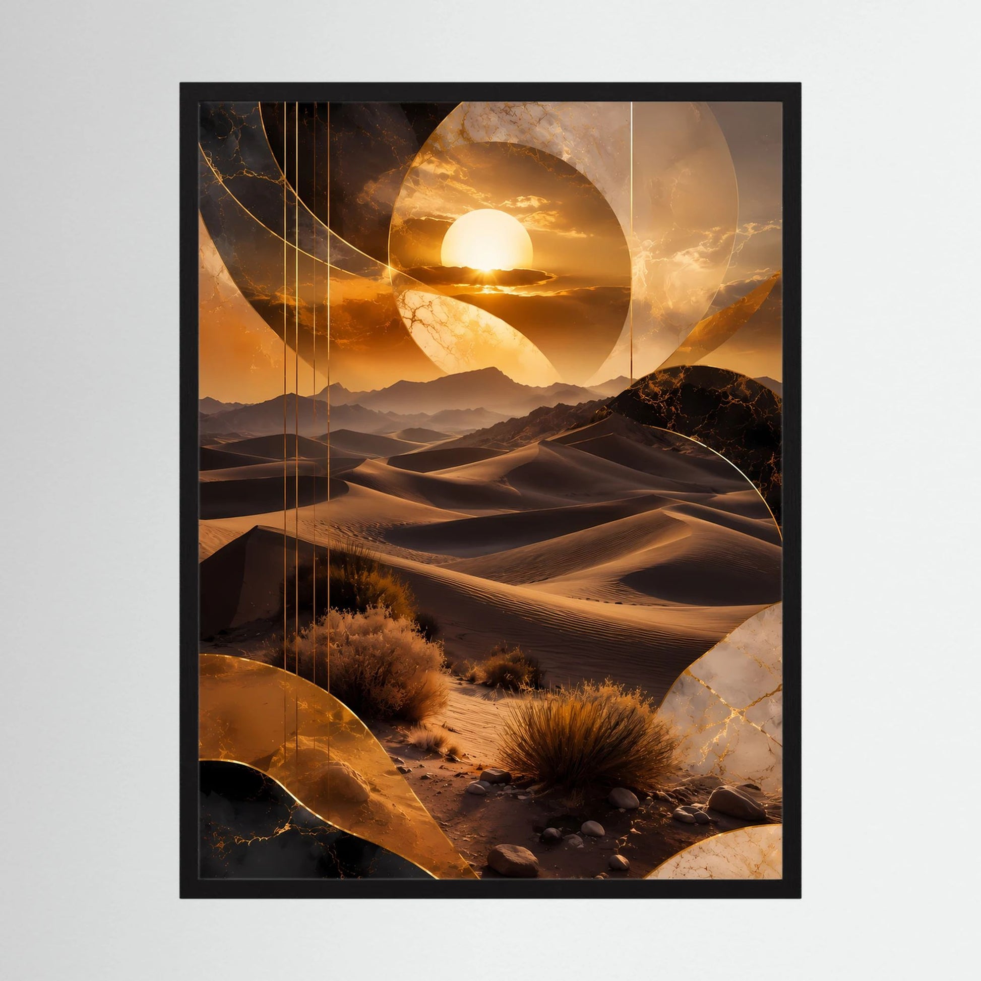 Gerahmtes Hochformat-Poster mit goldenem Wüsten-Sonnenuntergang, abstrakte Formen