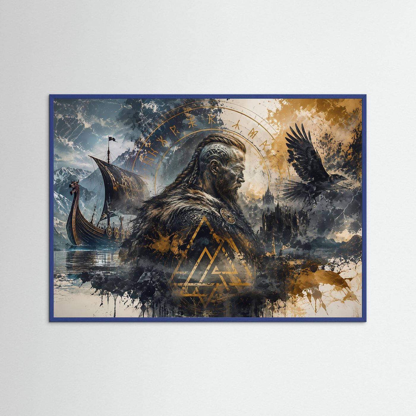 Wikinger Poster | Nordische Mythologie Wandbild | Viking Kunst mit Rabe & Langschiff | Ragnarök Runen | Skandinavische Fine Art