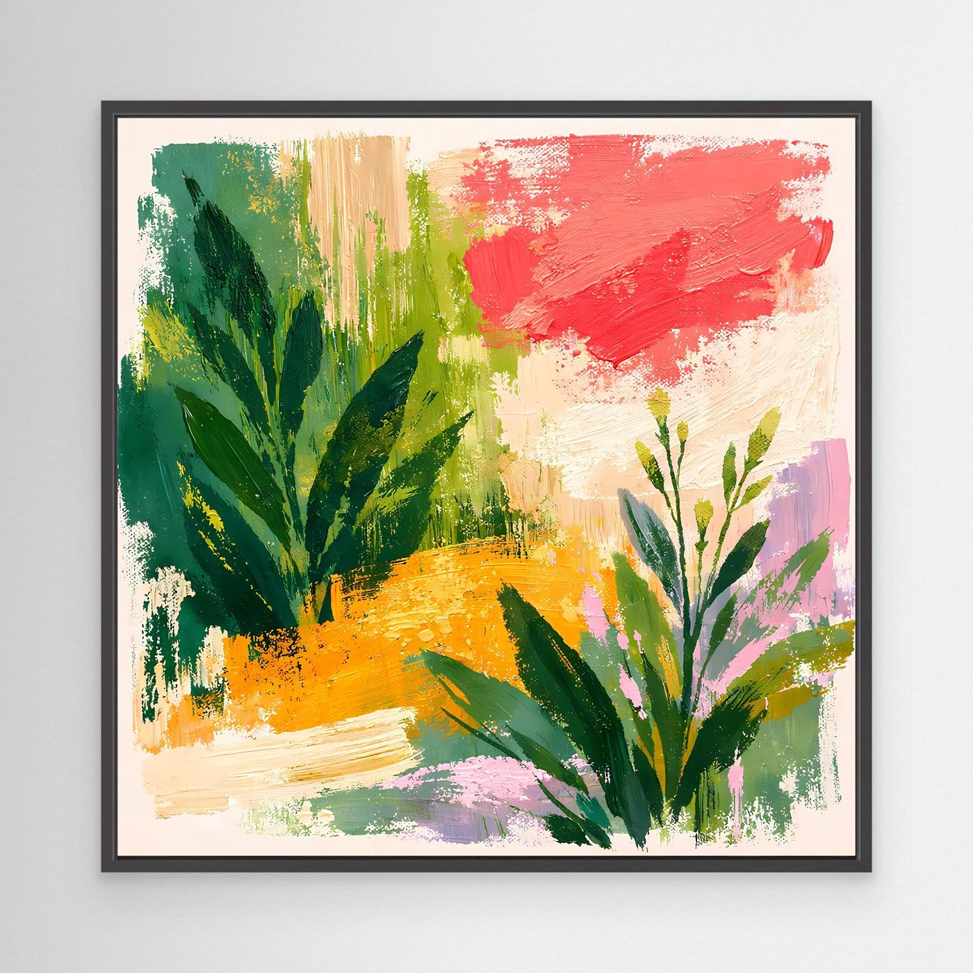 Abstract botanical landscape canvas print in a black frame with green leaves and red brushstrokes