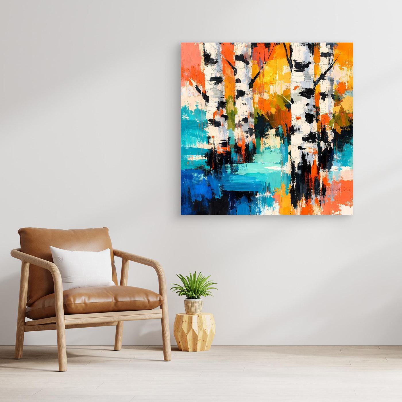 Unframed abstract birch forest canvas art with orange, yellow, teal, and black paint marks.