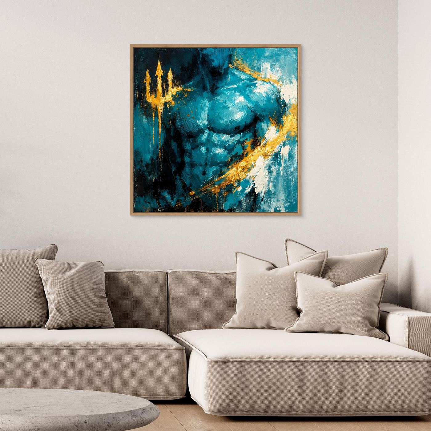 Leinwand Kraftvoller Poseidon in Türkis | Abstraktes Meeresgott Wandbild Gold