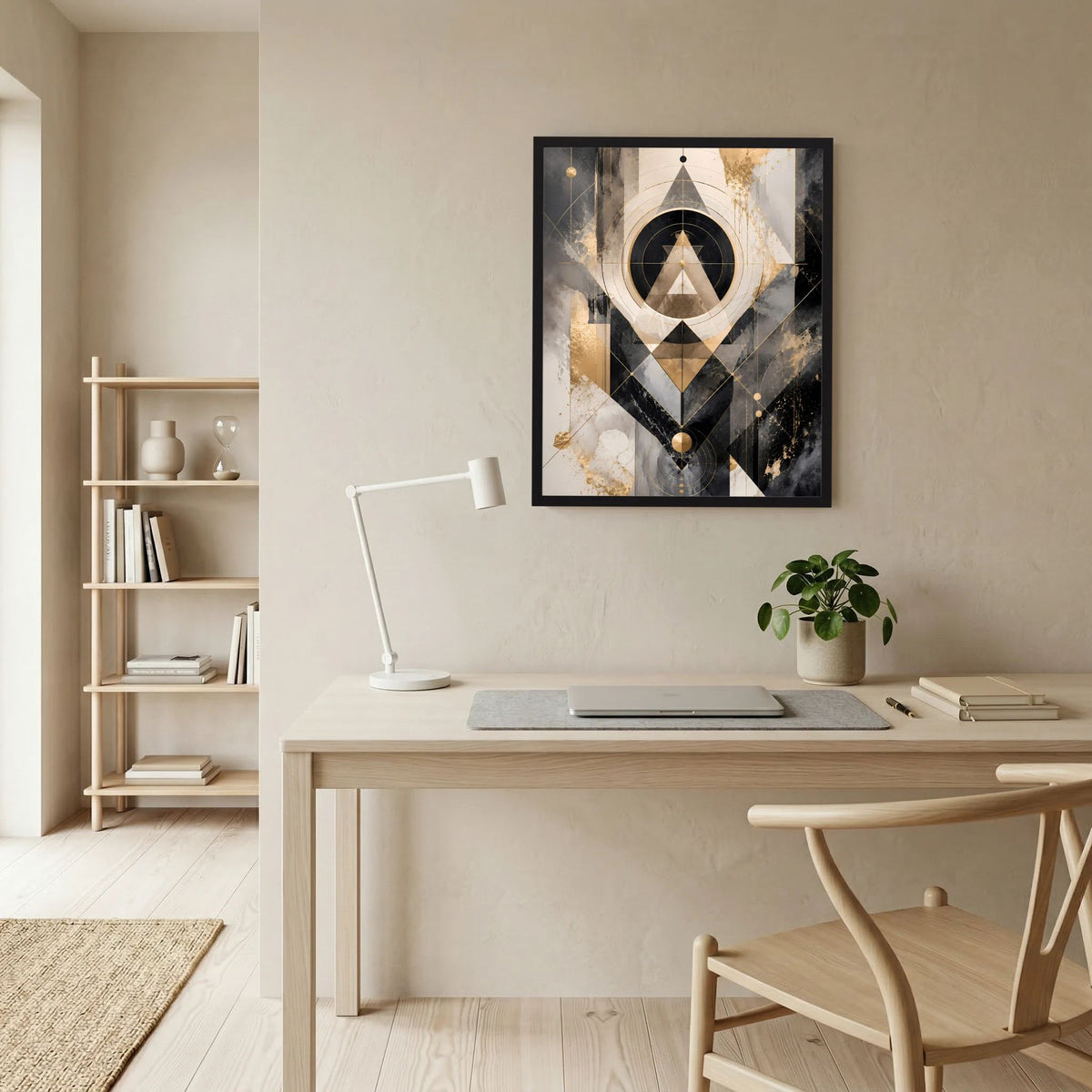 Gerahmtes Kunstposter im Hochformat mit geometrischen Formen in Schwarz, Gold und Beige