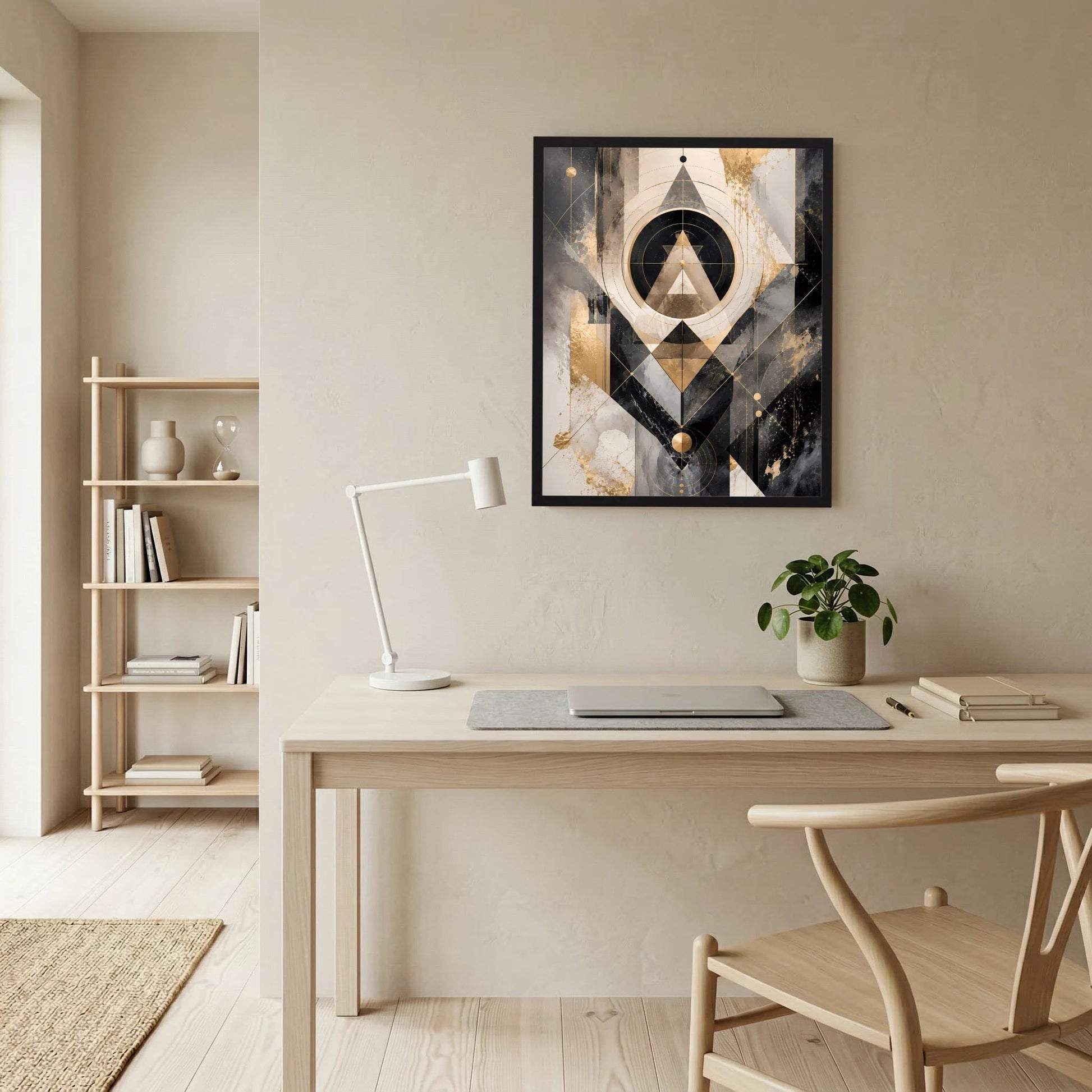 Gerahmtes Kunstposter im Hochformat mit geometrischen Formen in Schwarz, Gold und Beige