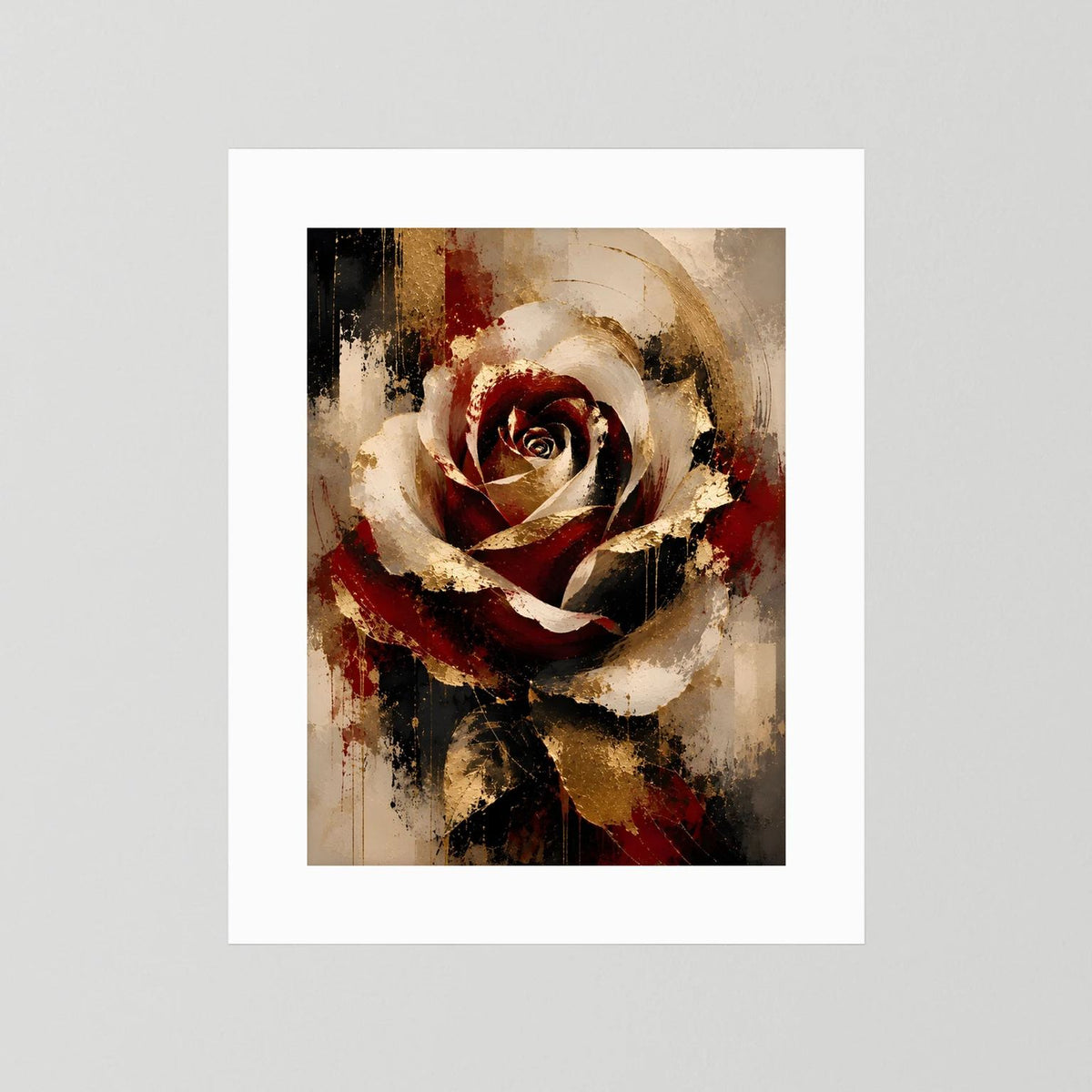 Poster mit abstrakter Rose in Rot, Gold und Schwarz mit weißem Rand