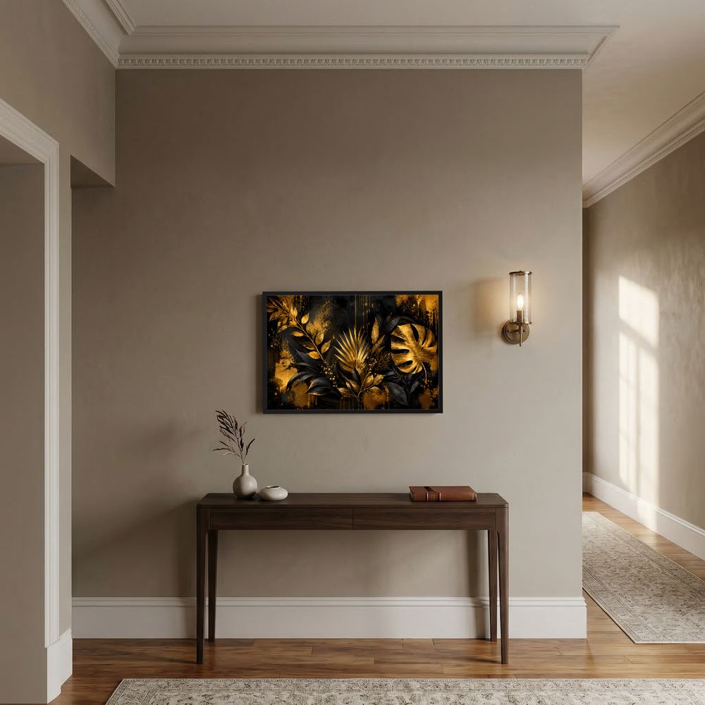 Botanisches Wandbild: goldene Monstera-Blätter auf schwarzem Grund, querformat, gerahmt