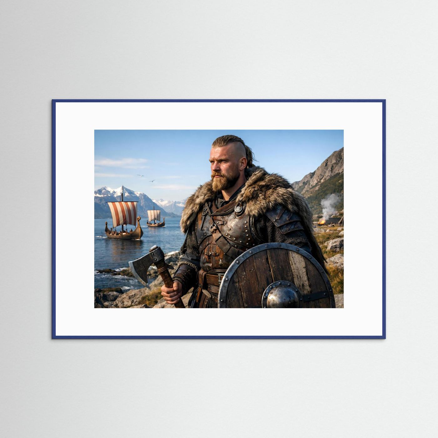Poster mit Wikinger-Krieger mit Schild und Axt sowie Drachenbooten im blauen Rahmen