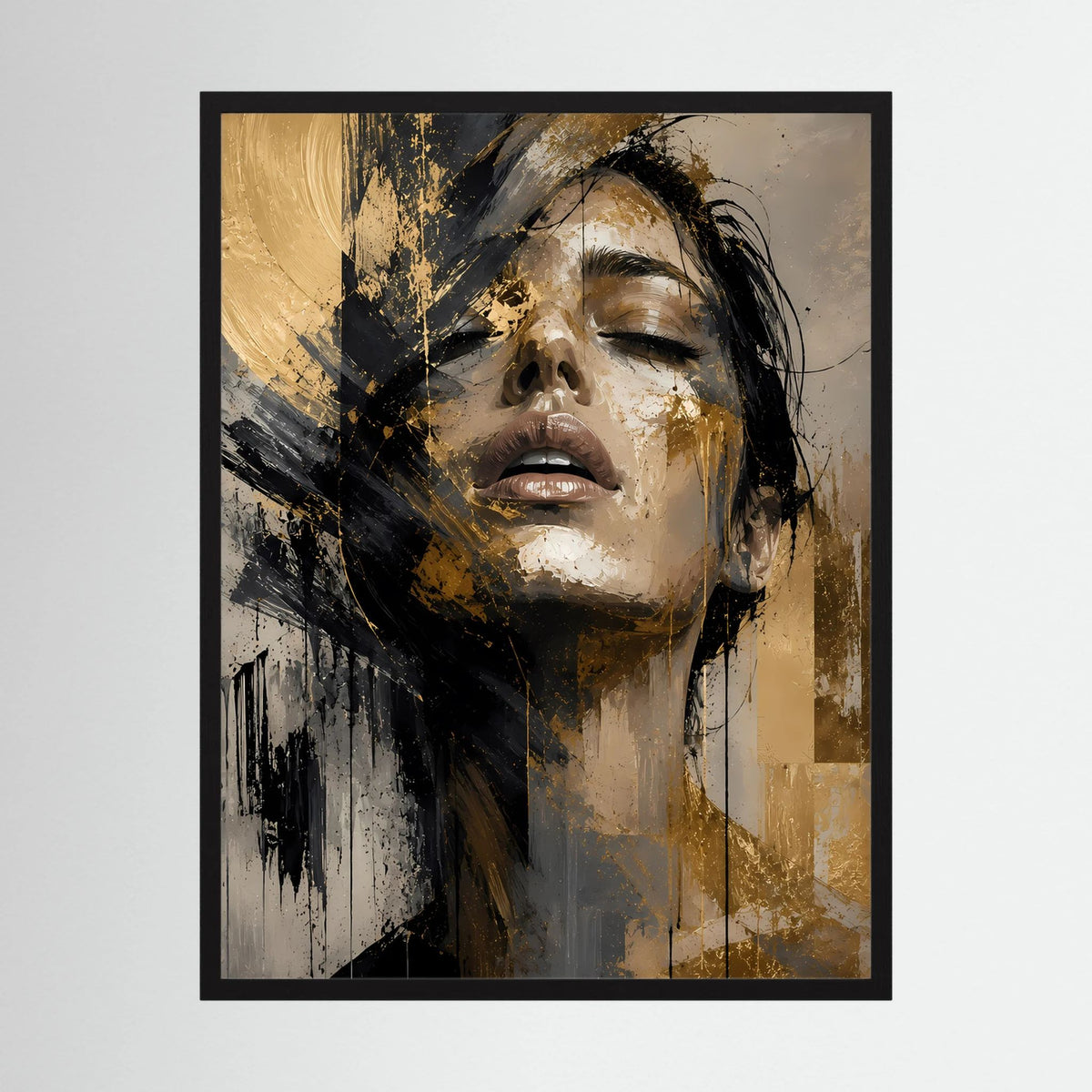Poster mit abstraktem Frauenporträt, goldene und schwarze Pinselstriche, schwarzer Rahmen