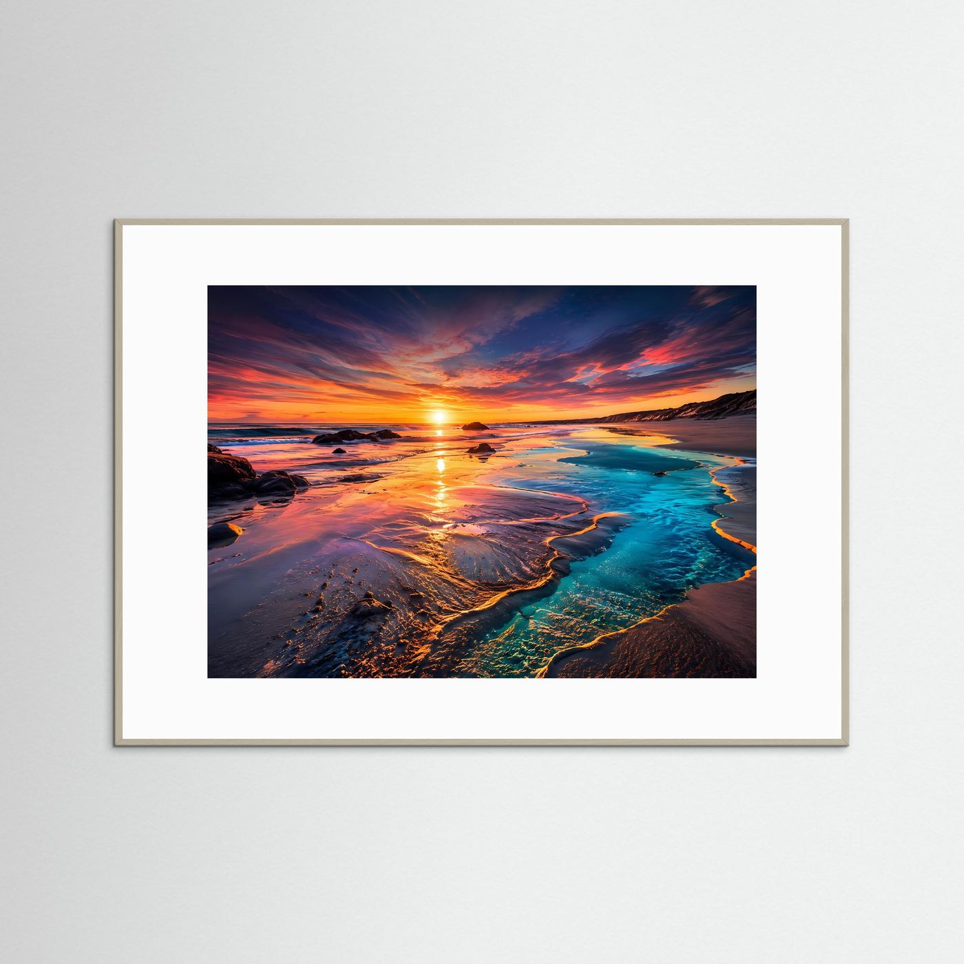 Sonnenuntergang Strand Poster | Türkis Küste Wandbild | Moderne Landschaft Kunst | Ozean Fine Art | Panorama Leinwand