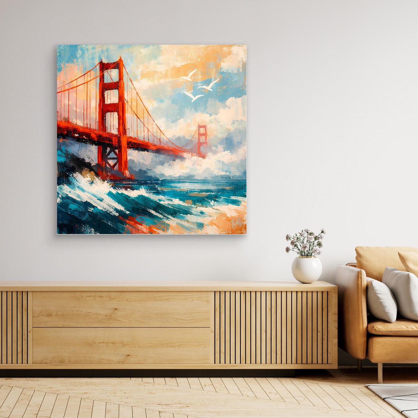 Abstraktes Leinwand-Wandbild der Golden Gate Bridge mit schmalem Rahmen.
