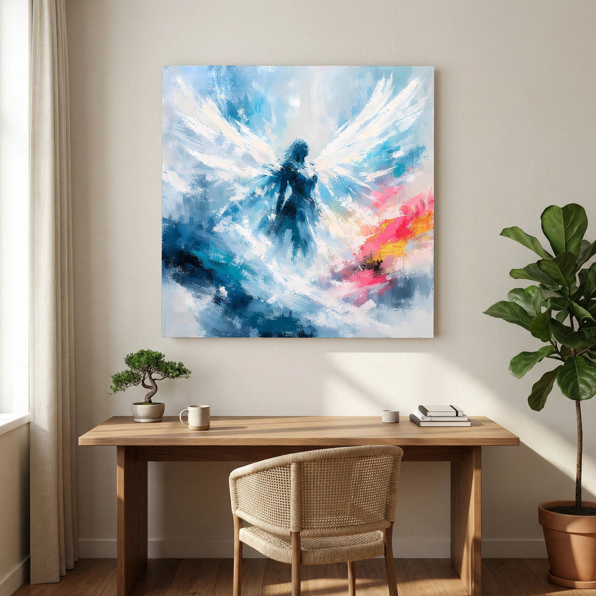 Quadratisches Leinwand-Wandbild mit abstraktem Engel in Blau, Weiß und pinkfarbenen Pinselakzenten.