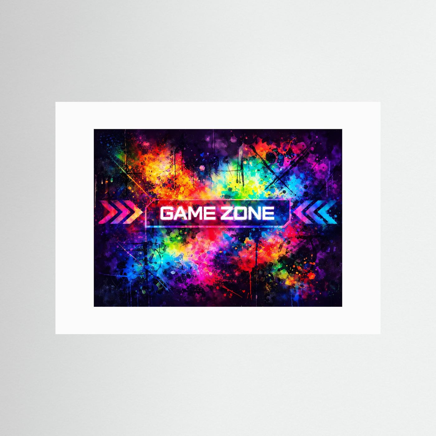 Pop-Art-Poster „Game Zone“ mit bunten Farbspritzern und Pfeilen im weißen Passepartout
