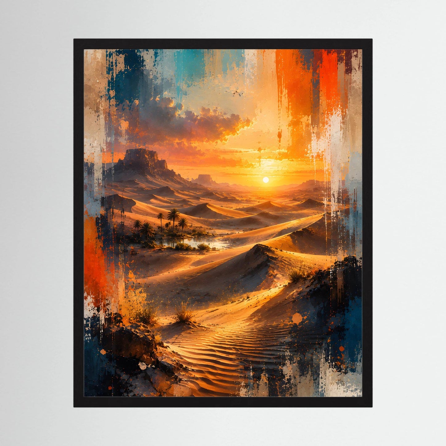 Gerahmtes Wüstenlandschafts-Poster, orange-blau, Sonnenuntergang über Dünen