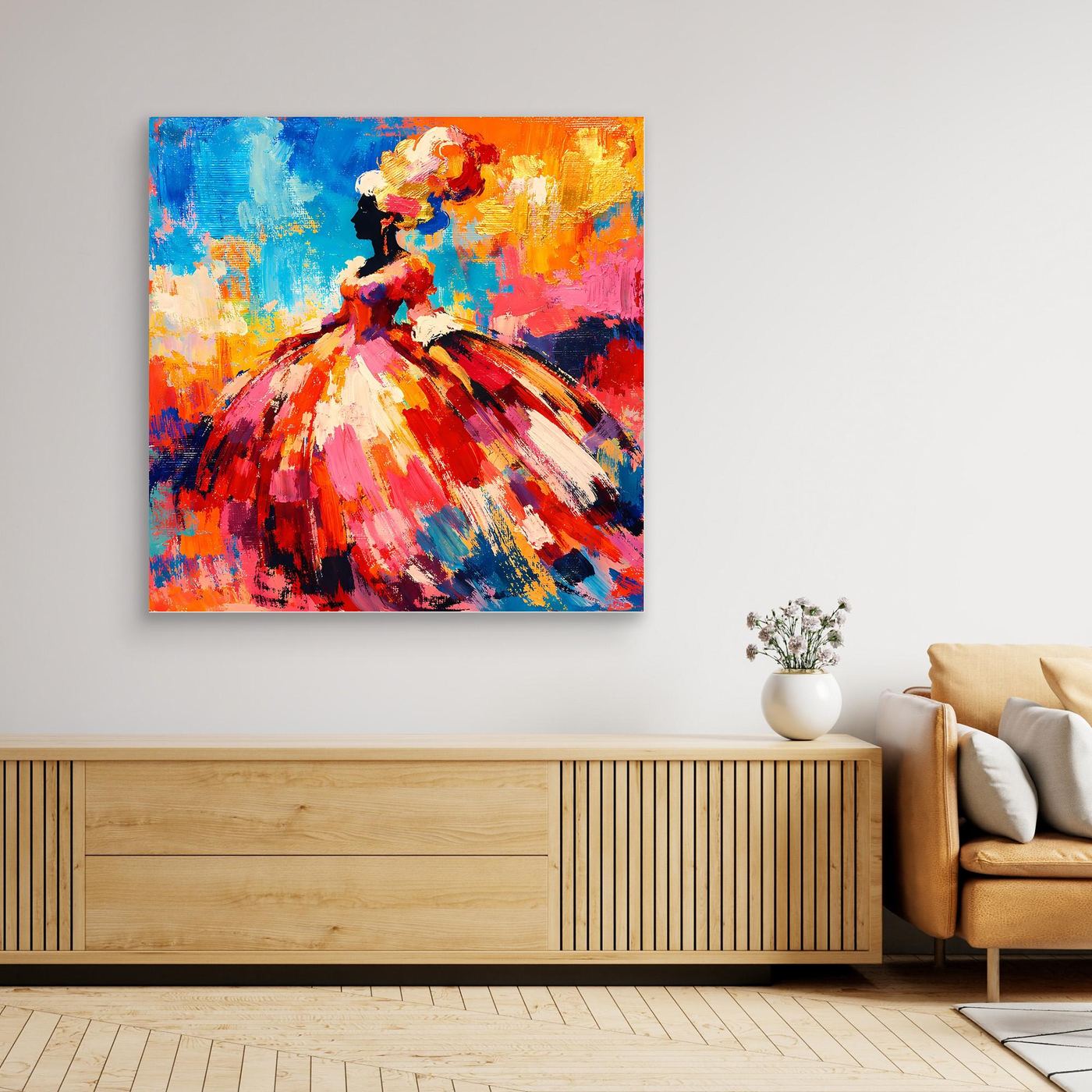 Gerahmtes Leinwandbild mit abstraktem Portrait einer barocken Dame, Holzrahmen