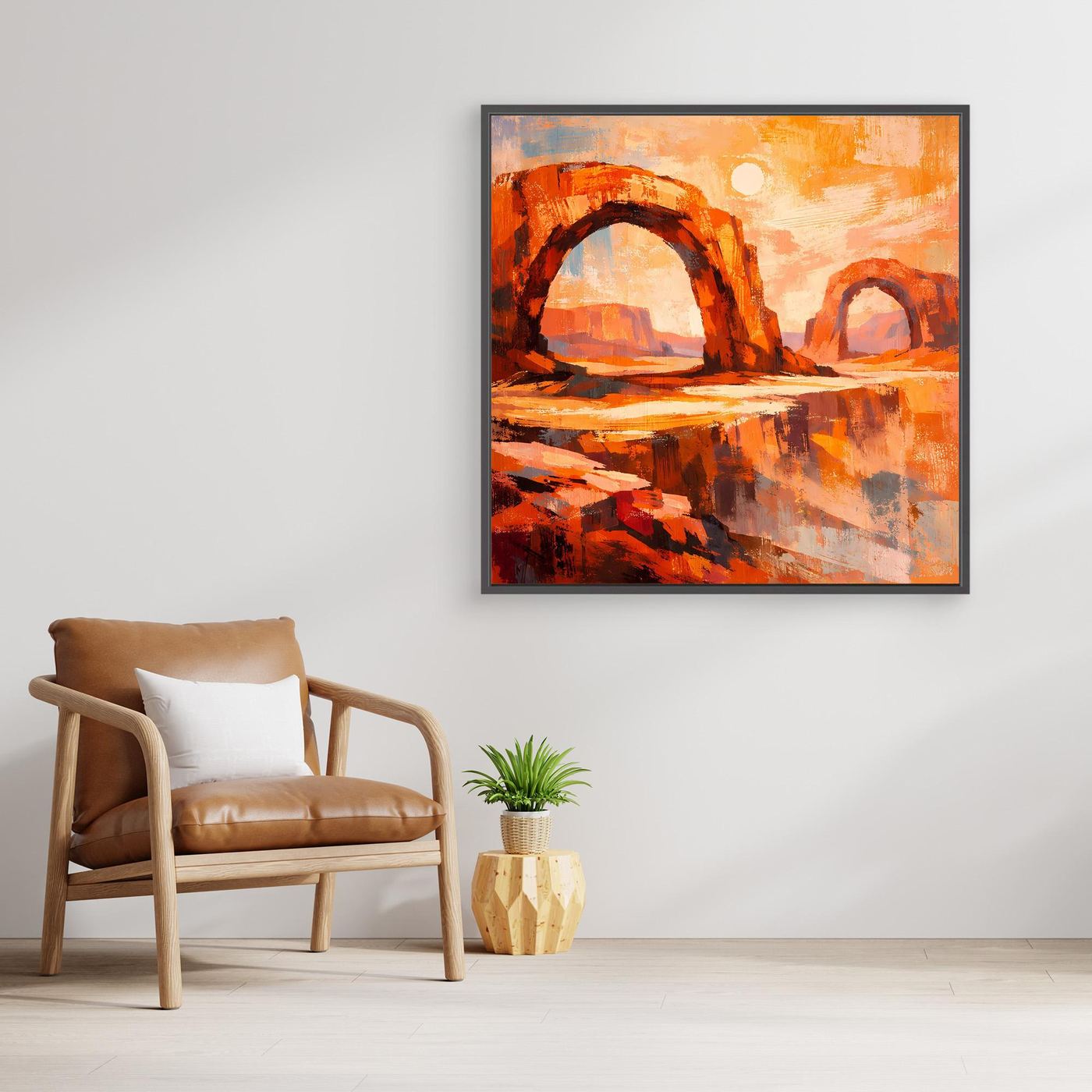 Quadratisches Leinwand-Wandbild mit orange-rotem Canyon, zwei Bögen und leuchtenden Reflexen.