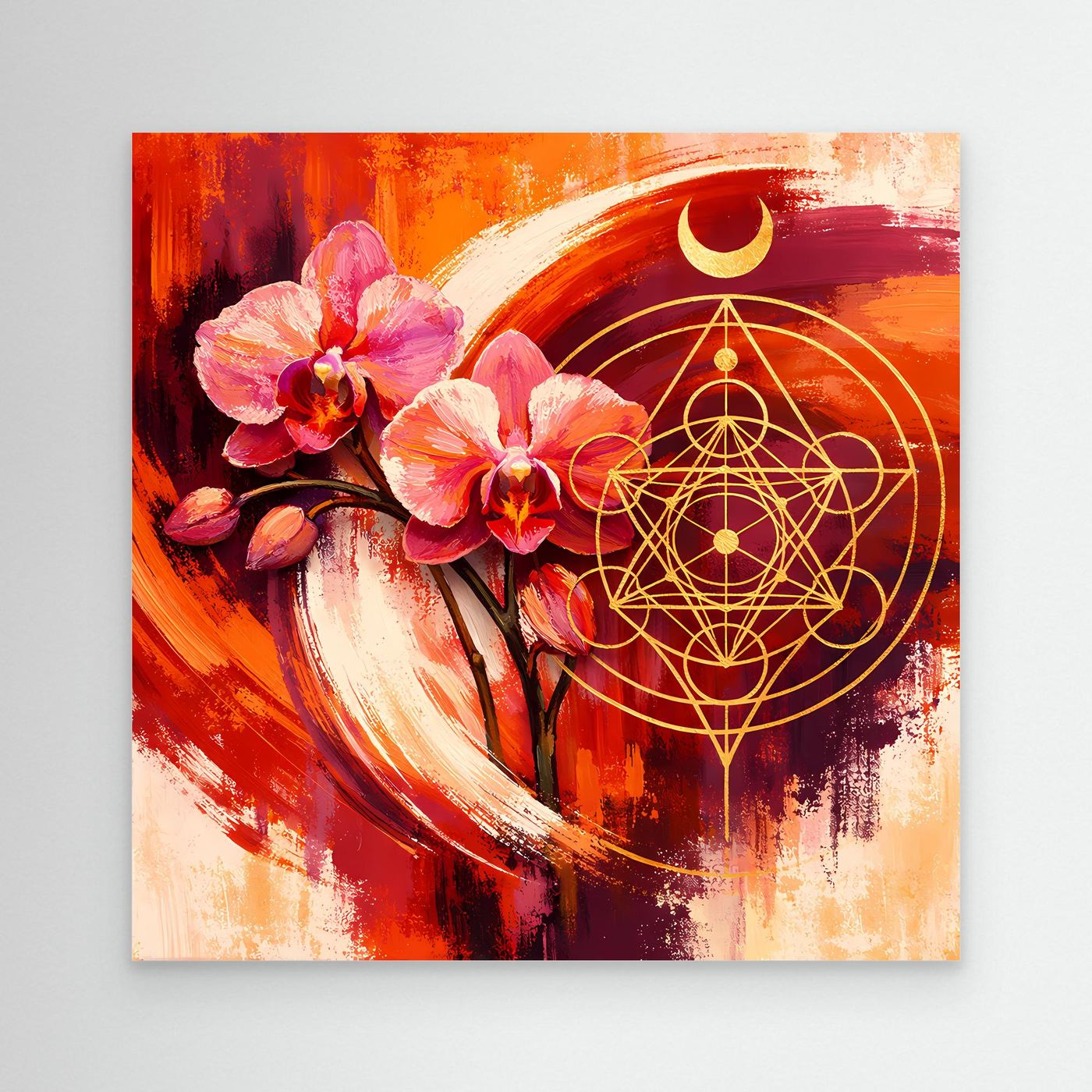 Abstraktes Wandbild mit Orchideen, goldener Geometrie und Mondsymbol, ohne Rahmen