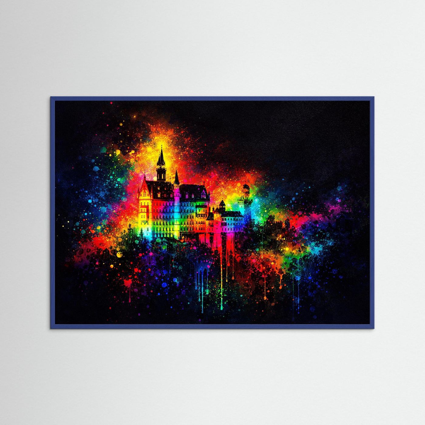 Wandbild mit Fantasy-Schloss in Regenbogenfarben auf dunklem Hintergrund, blauer Rahmen