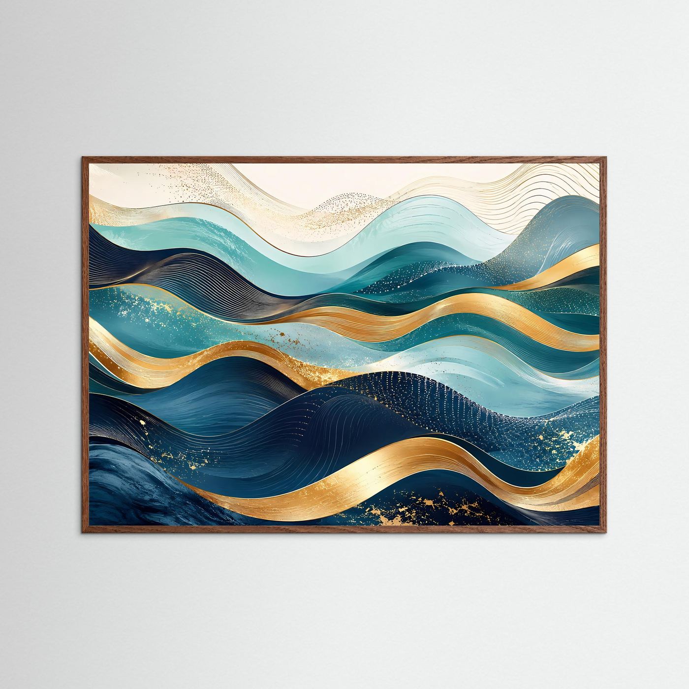 Abstrakte Wellen Poster Querformat | Moderne Wandkunst in Blau, Türkis & Gold | Elegantes Panorama Wandbild