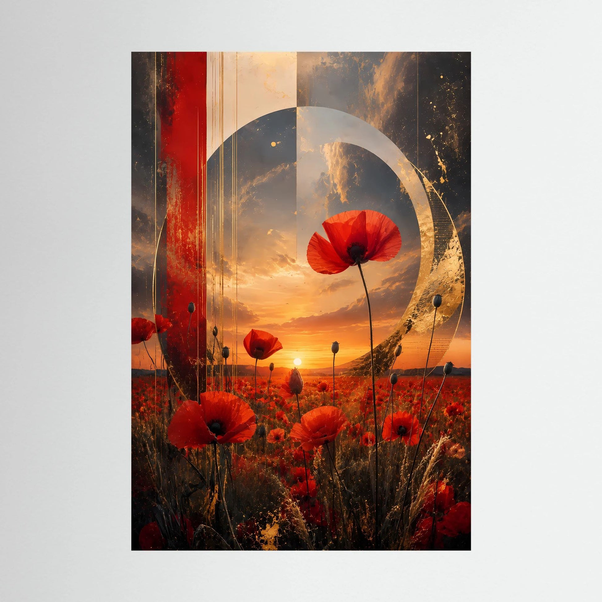 Kunstposter mit roten Mohnblüten und abstrakten goldenen Kreisen, ohne sichtbaren Rahmen