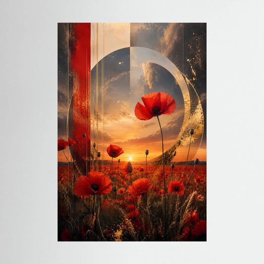 Kunstposter mit roten Mohnblüten und abstrakten goldenen Kreisen, ohne sichtbaren Rahmen