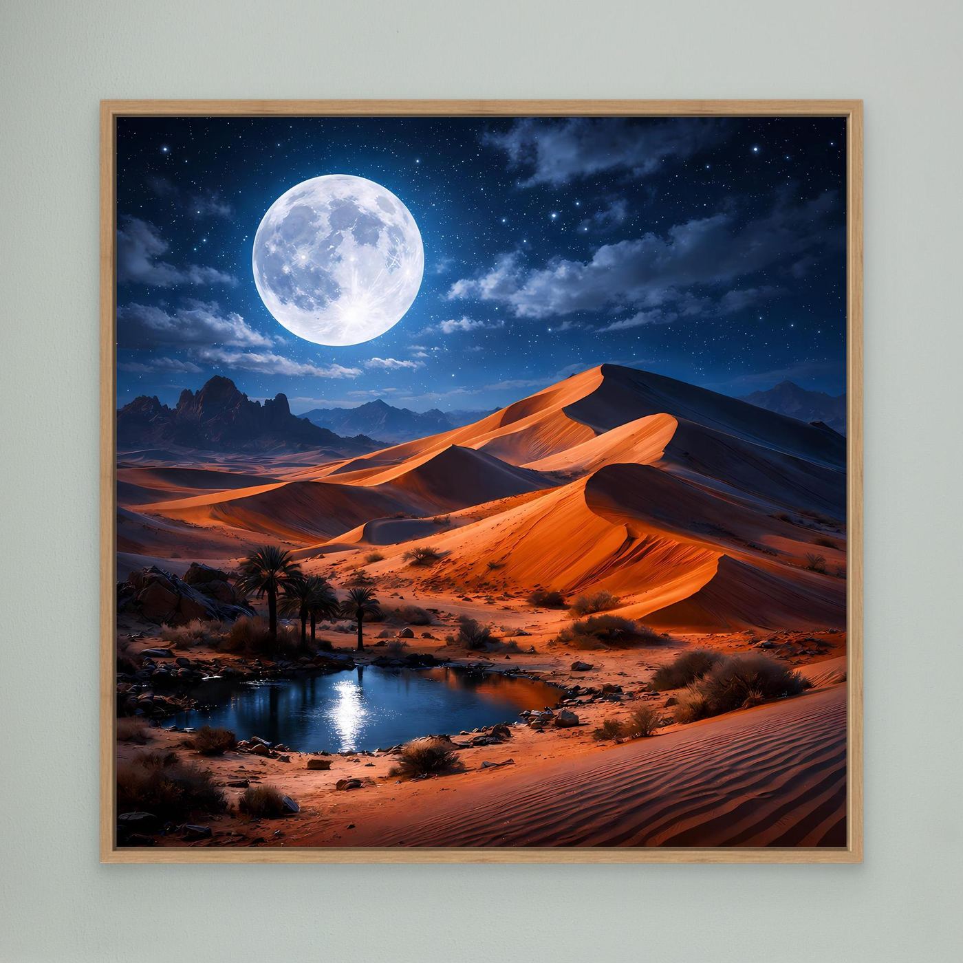 Leinwand-Wandbild im beigen Holzrahmen: Mond über Wüstenoase mit orangefarbenen Dünen