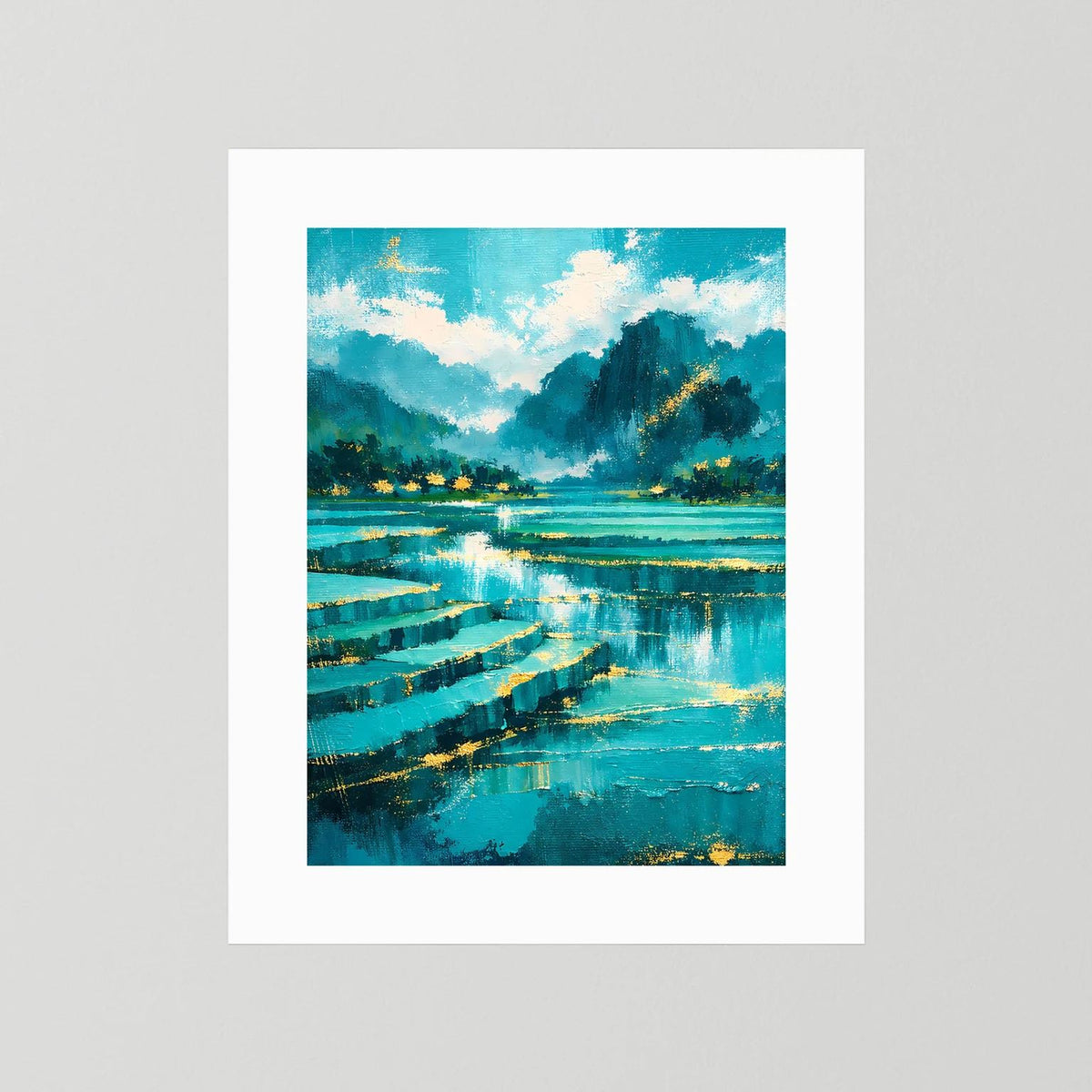 Poster im Hochformat mit weißem Rand: abstrakte Landschaft mit türkisfarbenem Wasser.