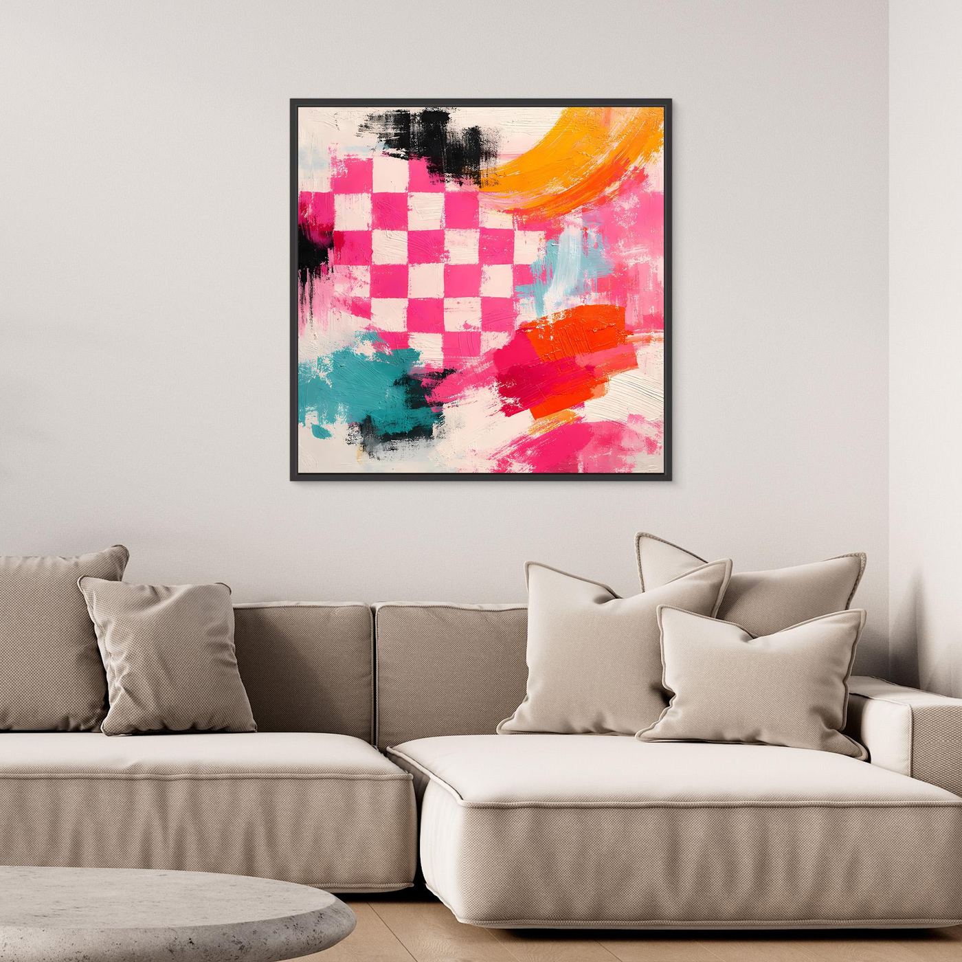 Abstraktes Herz-Wandbild auf Leinwand mit rosa Schachbrettmuster, türkis/orange Akzenten im schwarzen Rahmen