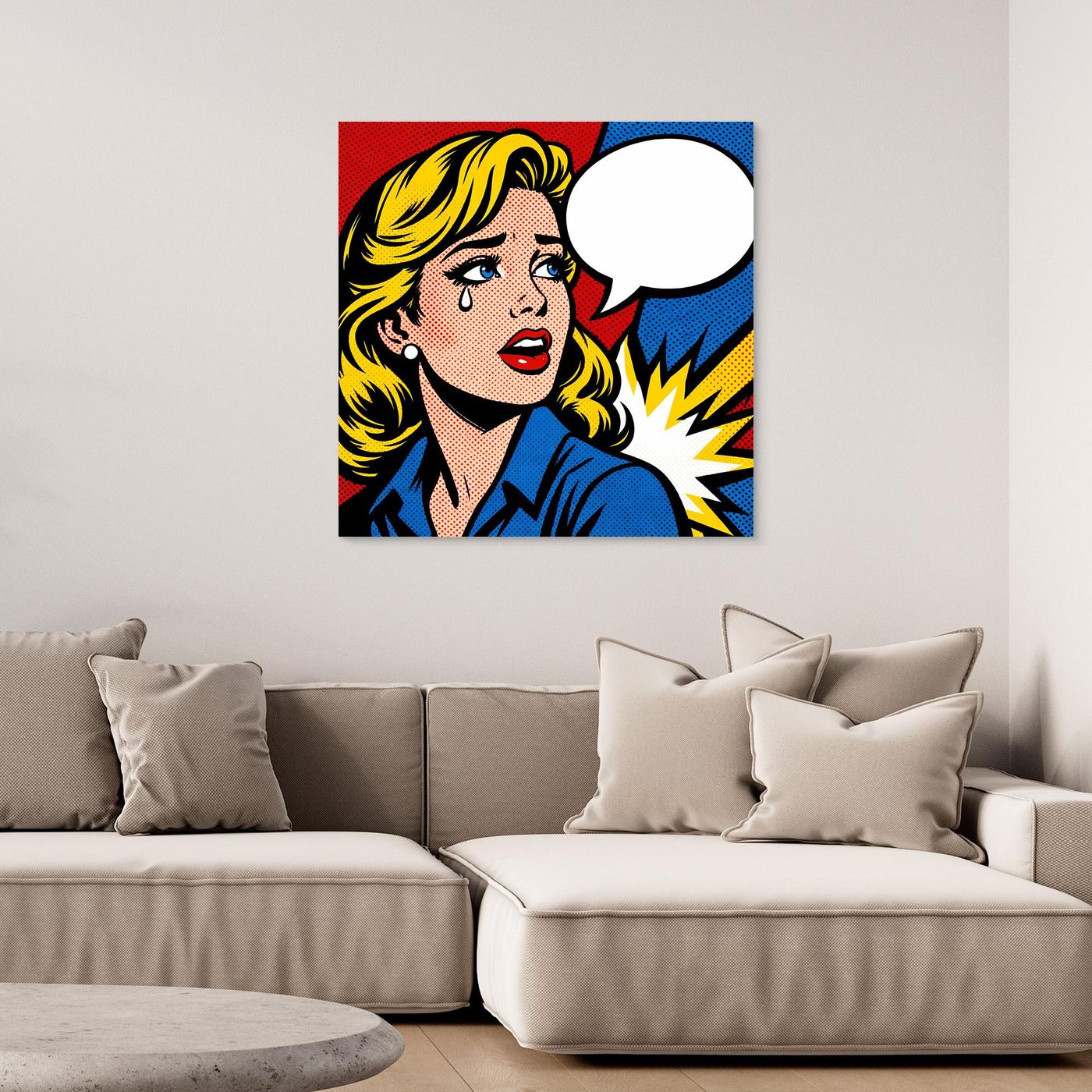Leinwandbild im Pop-Art-Stil mit Porträt einer Frau, blonder Kopf, Sprechblase