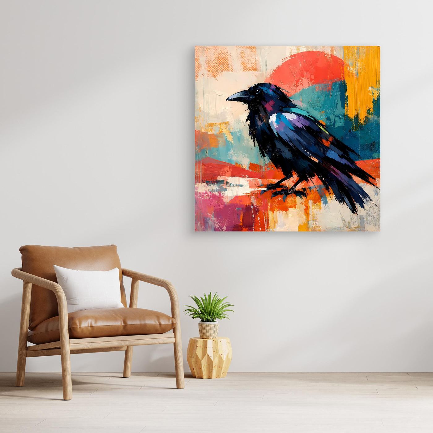 Abstract raven bird canvas wall art with colorful blue, red, orange, and white brushstrokes