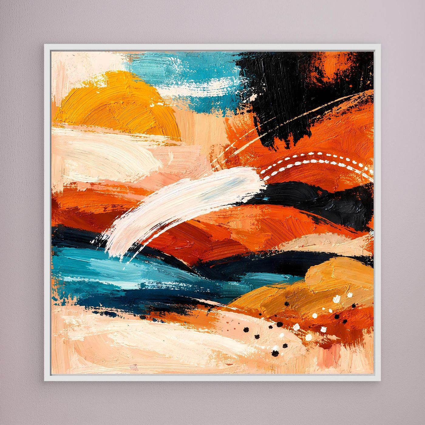 Abstract landscape wall art with teal and orange brushstrokes in a white frame