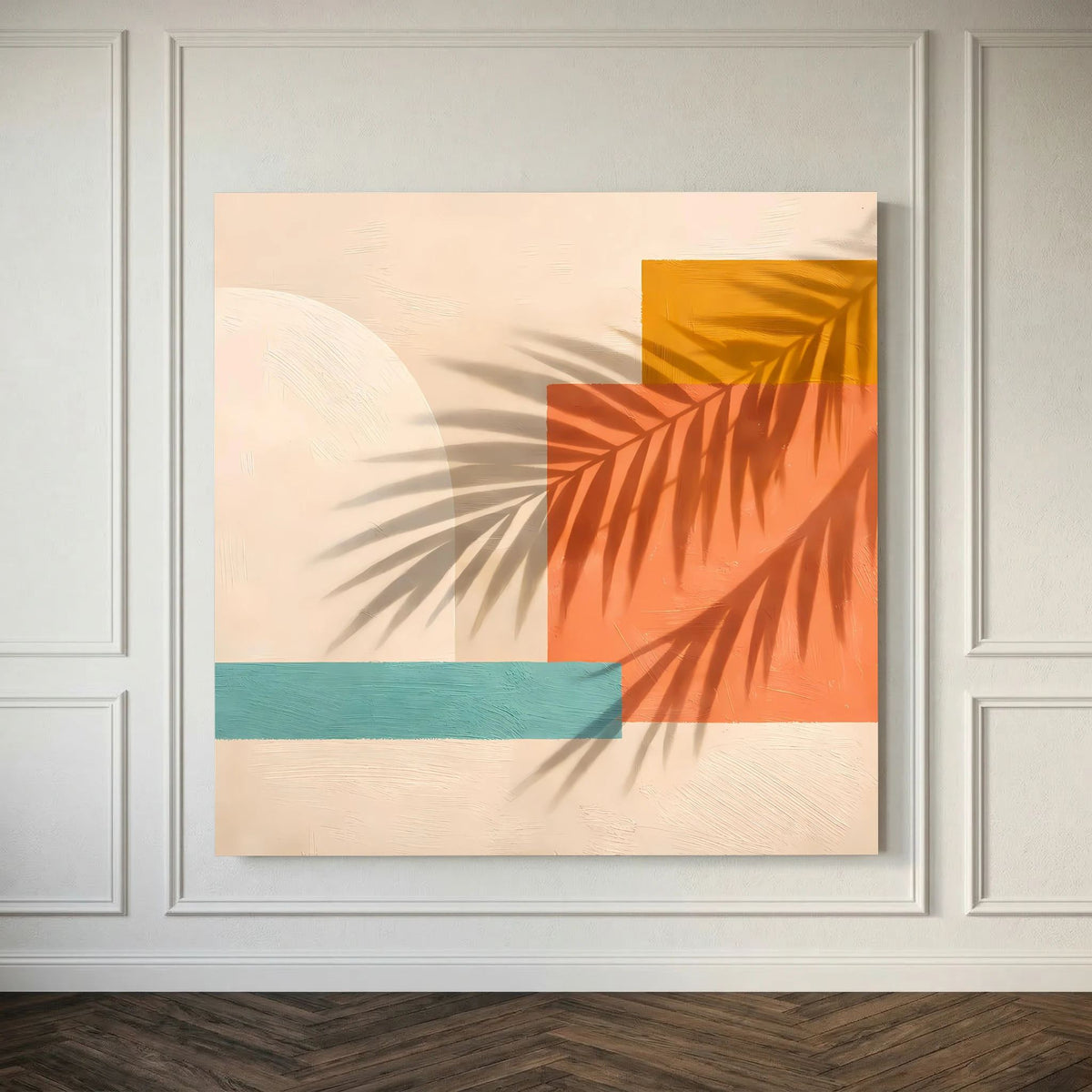 Leinwand Abstrakte Geometrie mit Palmenschatten | Modernes Boho Wandbild Terracotta