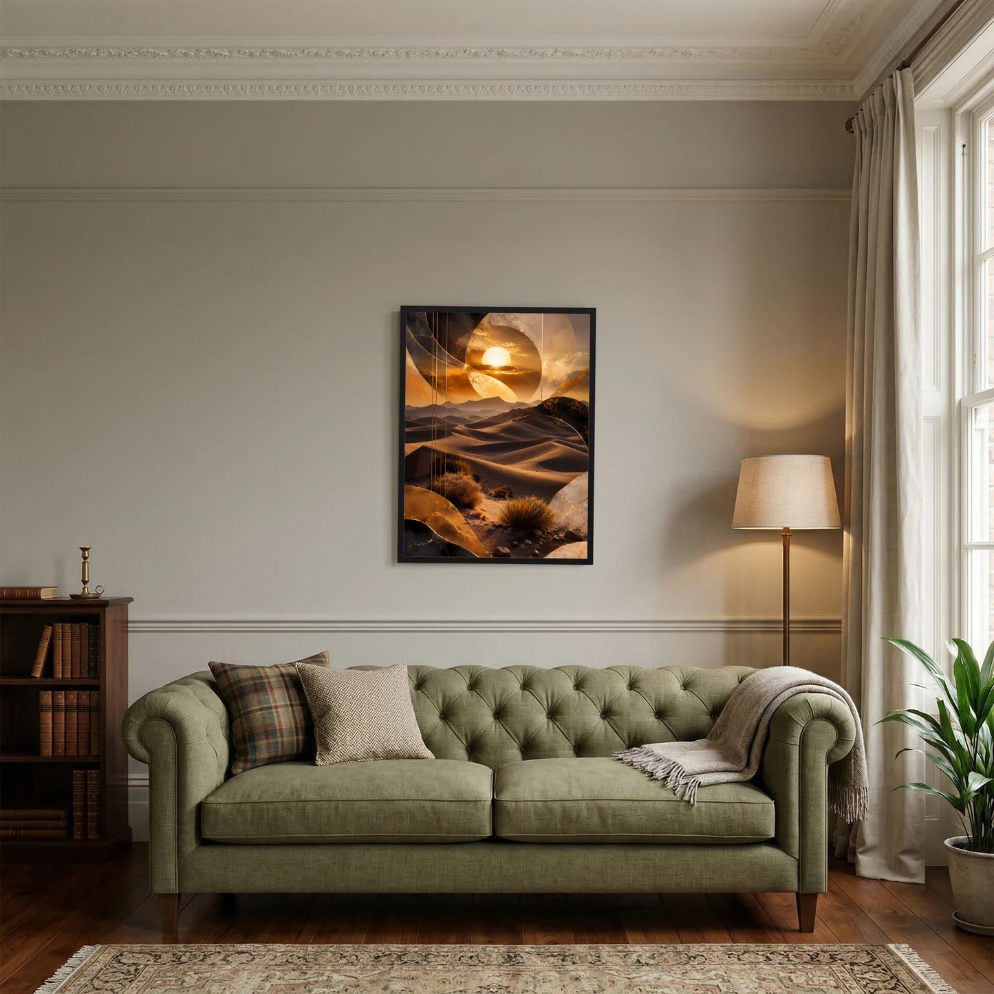 Gerahmtes Hochformat-Poster mit goldenen Wüstenwellen, abstrakter Sonne und Dünen