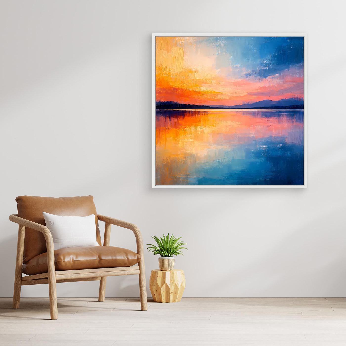 Abstraktes Wandbild auf Leinwand mit spiegelnder Wasserfläche, Sonnenuntergang in warmen und kühlen Tönen