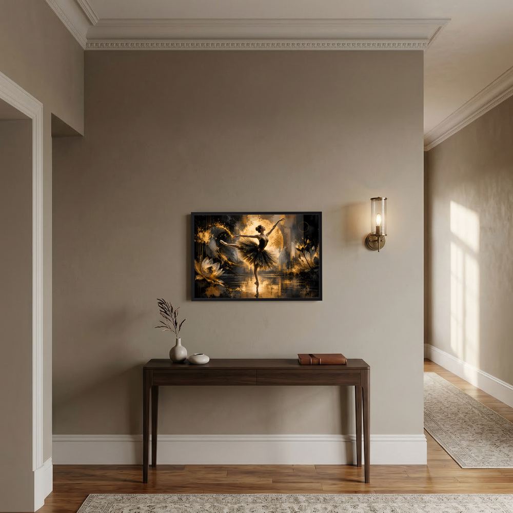 Poster im Querformat mit Ballerina-Motiv in Schwarz und Gold, gerahmt.