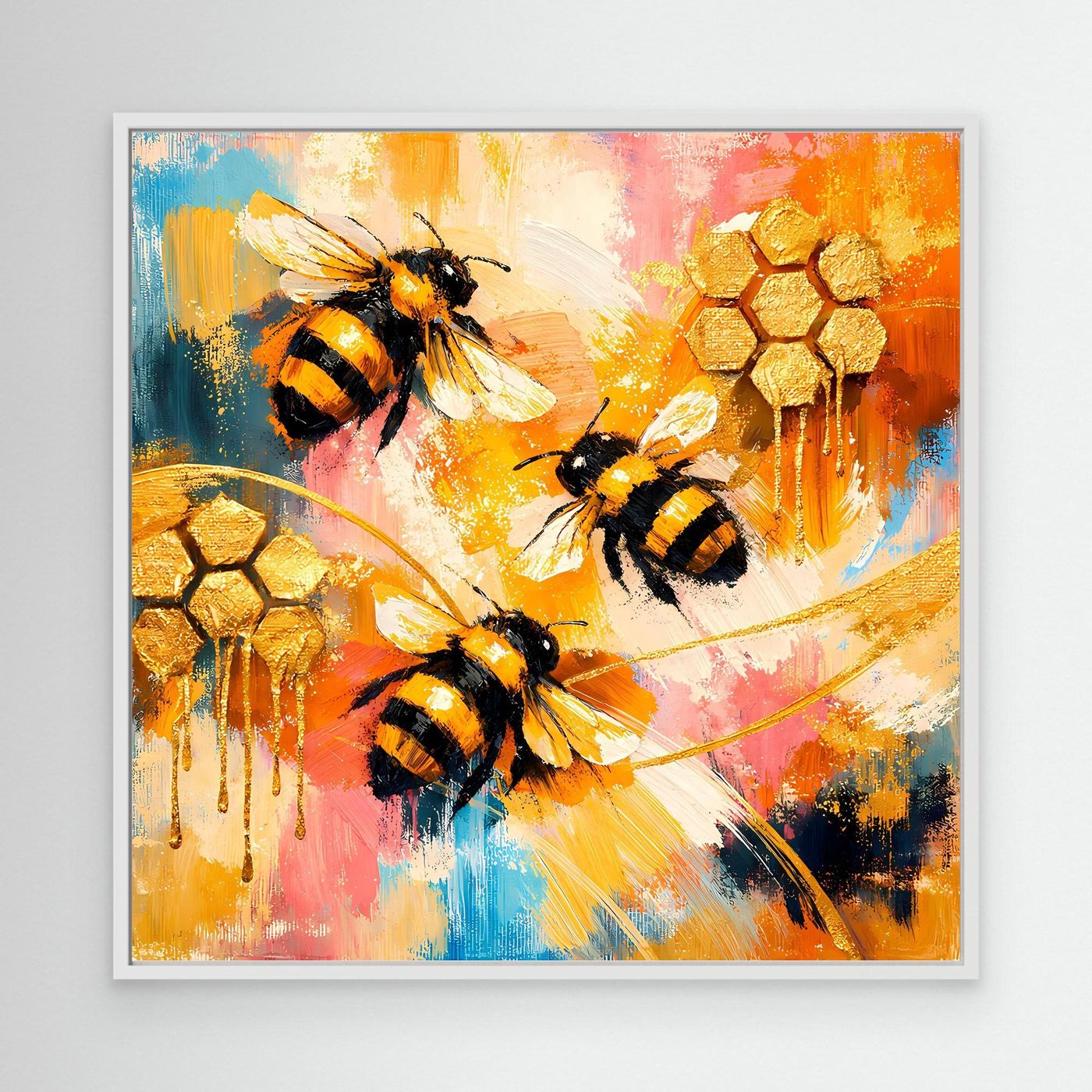Leinwandbild mit Bienenmotiv, goldene Waben, weiße Einfassung