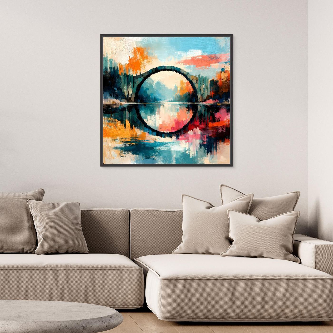Premium Leinwand Mystische Kreisbrücke im Wasser | Abstraktes Natur Wandbild farbenfroh