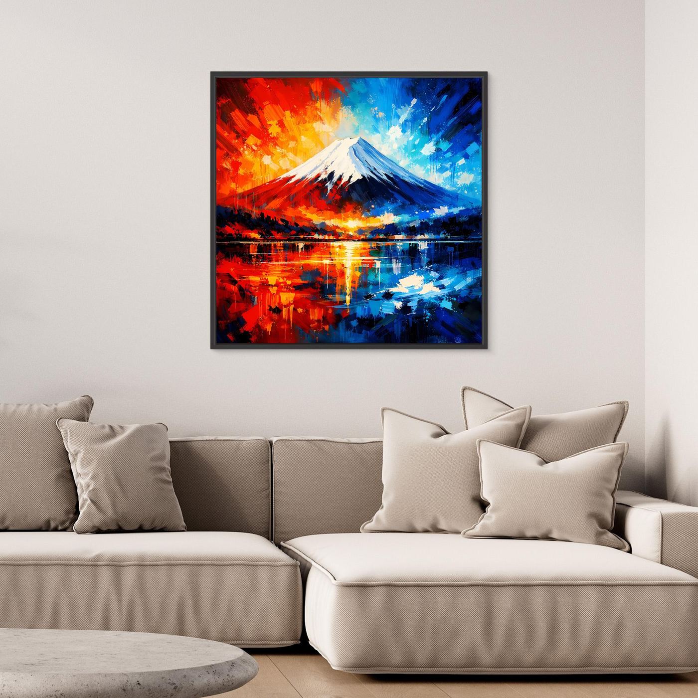 Leinwand Majestätischer Mount Fuji im Feuer- und Eis-Kontrast | Abstraktes Japan Wandbild